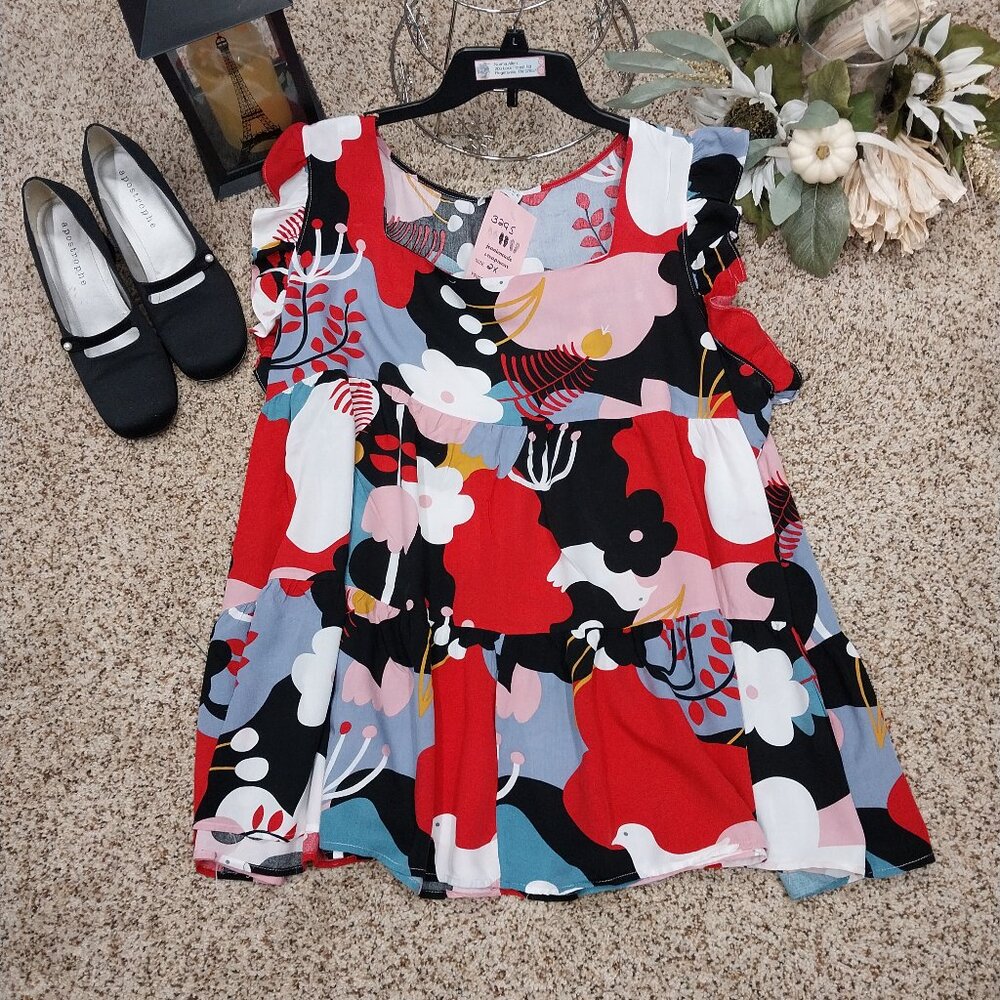 3295 Size 1X Third Love Tiered Tunic Top, Ruffle Cap Sleeve in Red, Black, Pink.